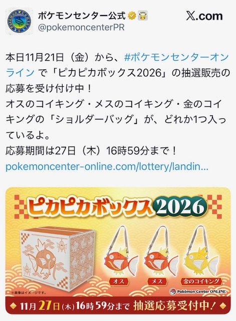 ポケモンセンター福袋「ピカピカボックス2026」 11月27日まで抽選