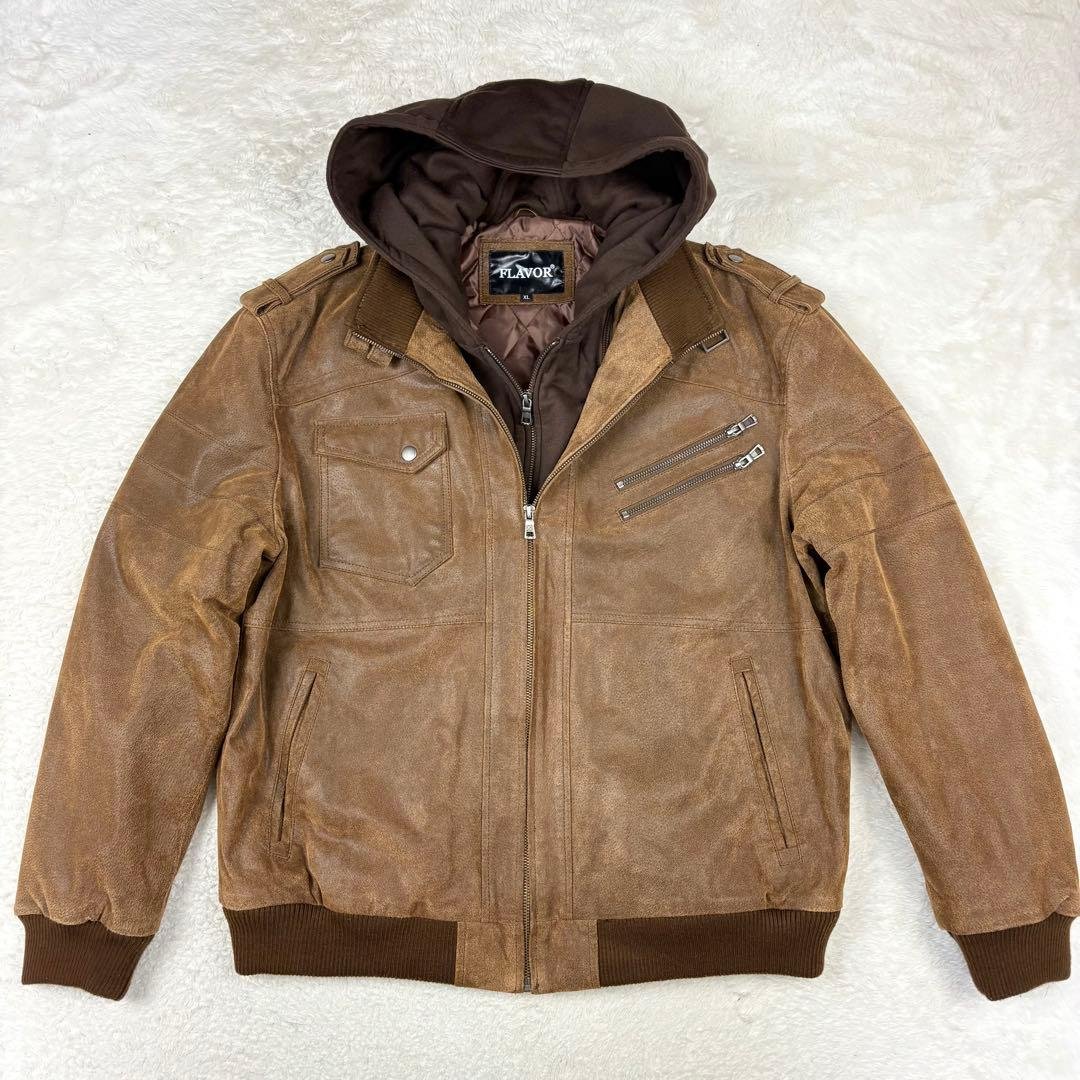 FLAVOR フード付 レザー ボマージャケット ライダースジャケット 茶色XL Amazon | [FLAVOR] メンズ レザージャケット ライダースジャケット
