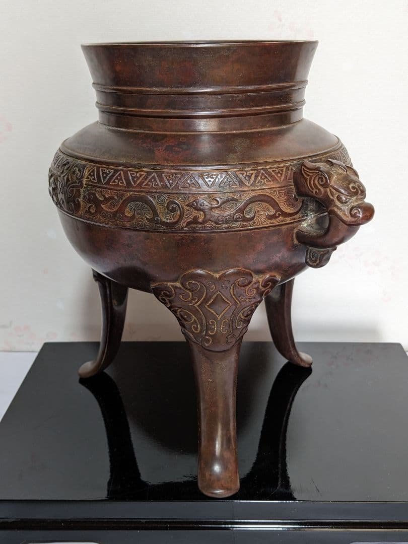 ♦銅器 神獣文 龍双耳 三足花器 初代 定塚義正 明治〜大正時代 花生 骨董品
